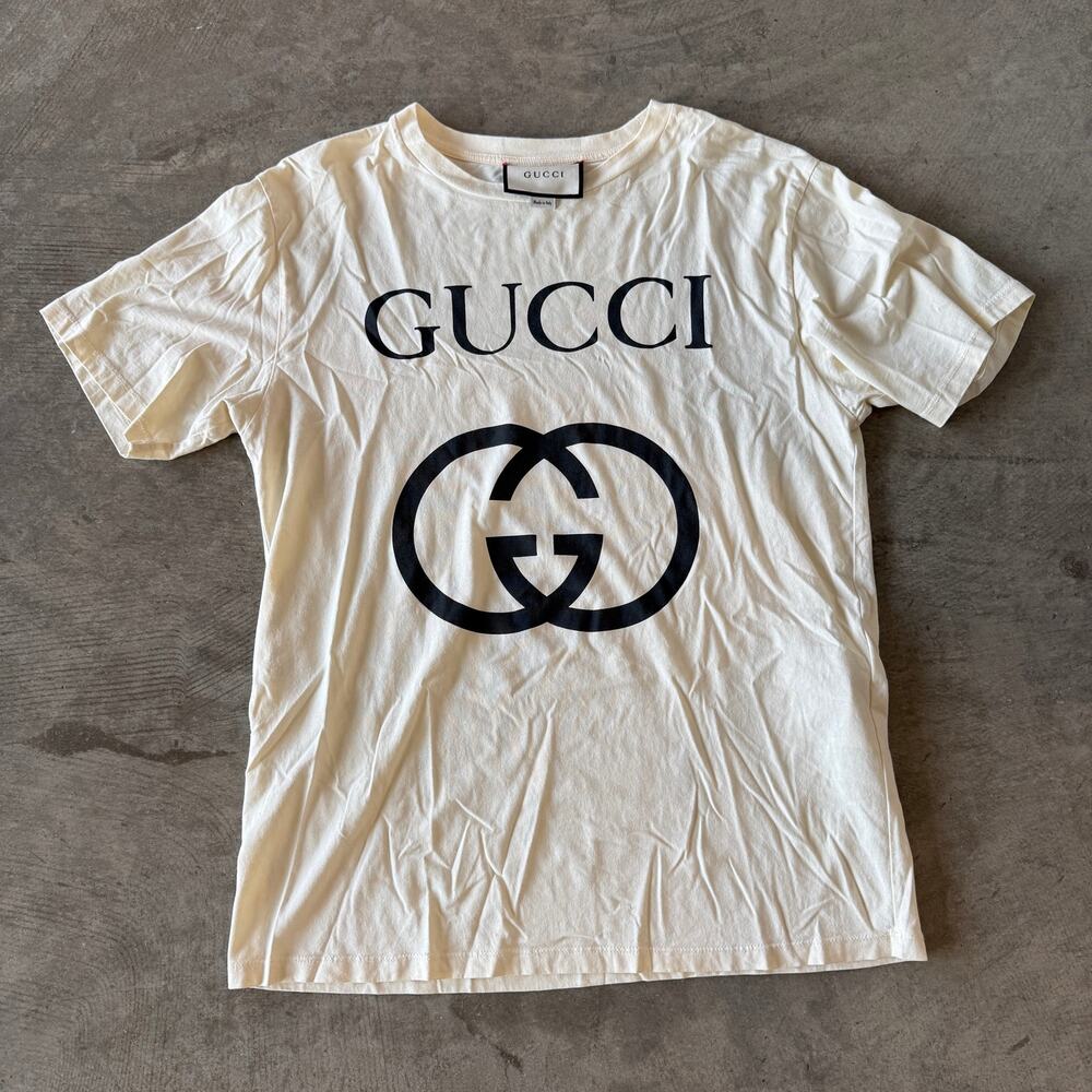 Gucci Interlocking GG Logo Print Cotton T-Shirt Cream Size L Made in Italy